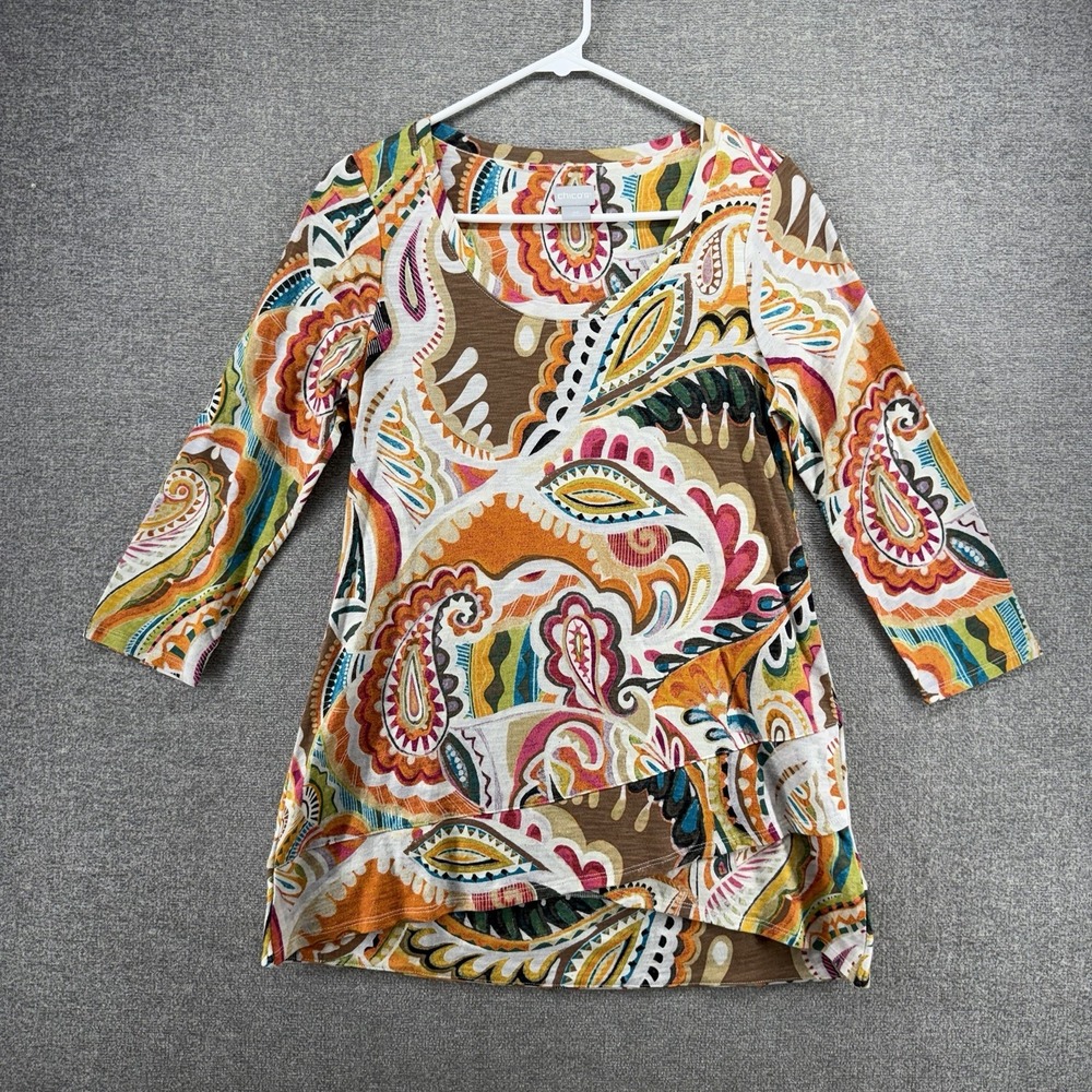 Chicos Top Blouse Women Size 00/XS Paisley Orange Blue 3/4 Sleeve Casual